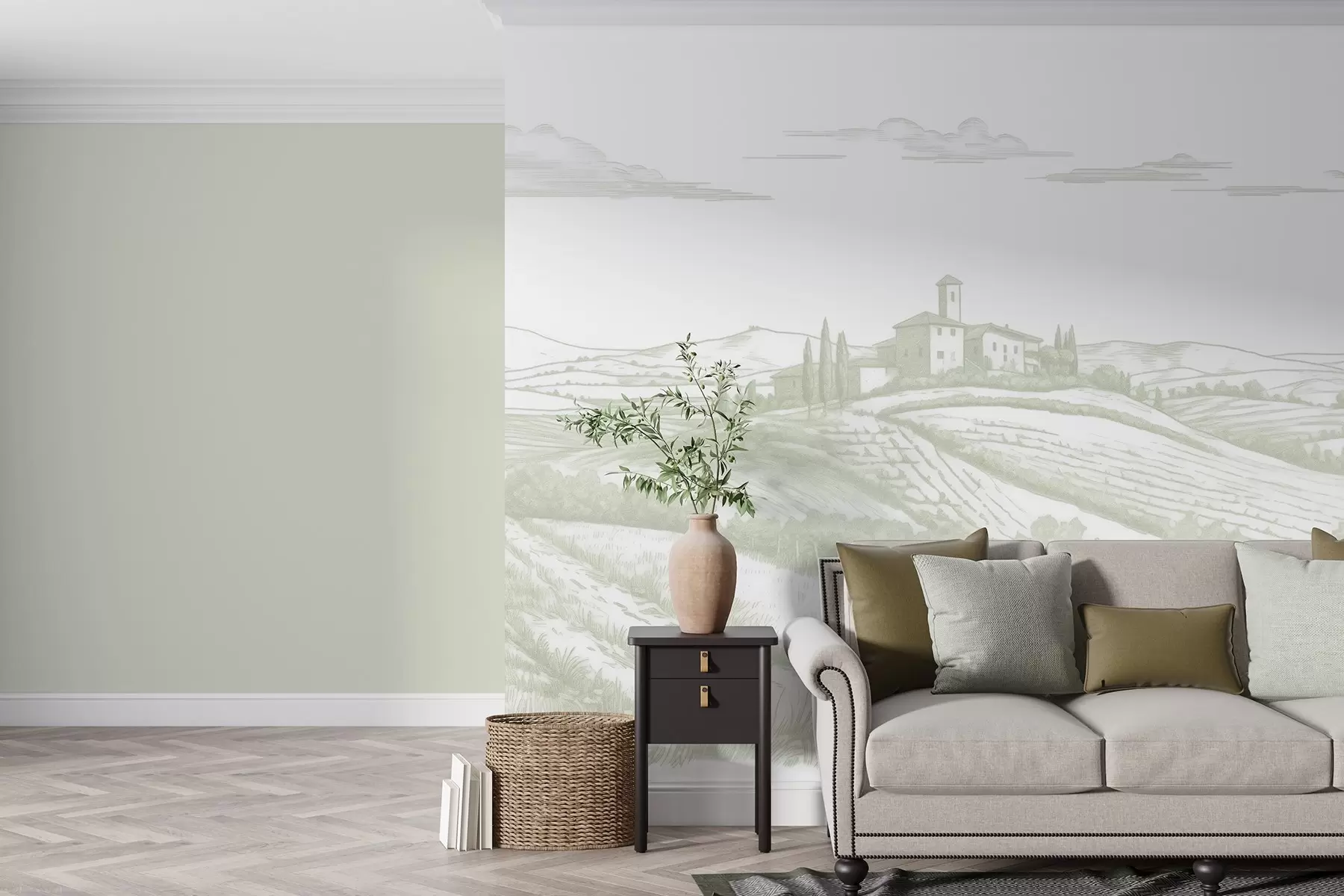 murales de pared Paisajes de la Toscana, Italia, viñedos, naturaleza, castillo antiguo, colores verdes w03349v2