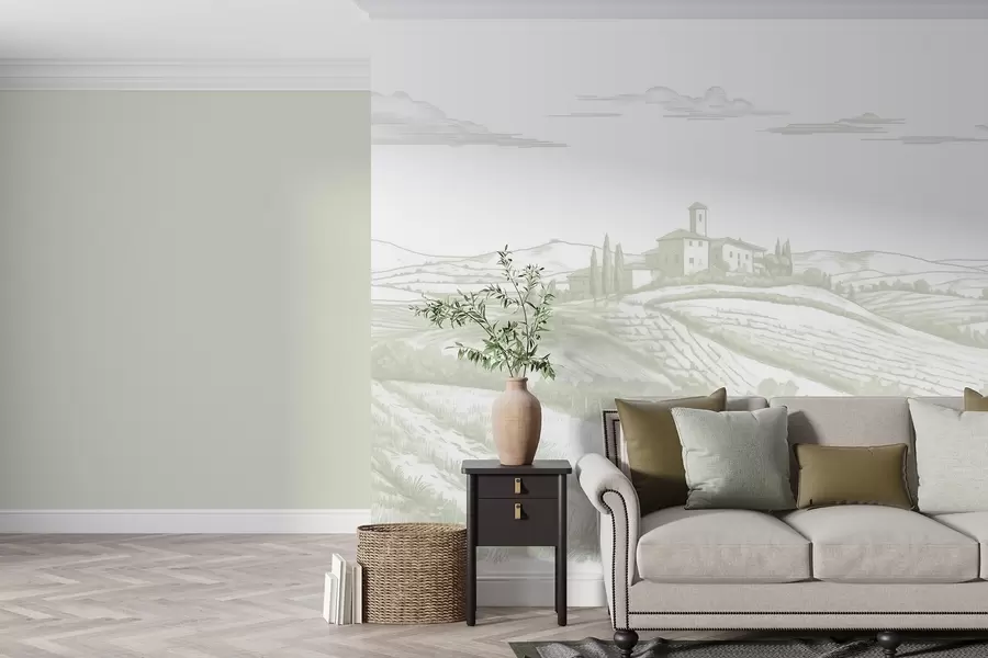 murales de pared Paisajes de la Toscana, Italia, viñedos, naturaleza, castillo antiguo, colores verdes w03349v2