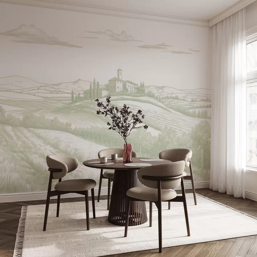 murales de pared Paisajes de la Toscana, Italia, viñedos, naturaleza, castillo antiguo, colores verdes w03349v2