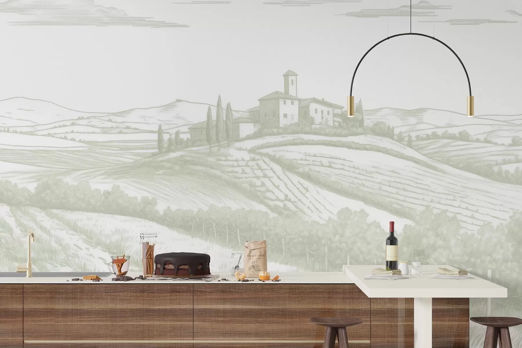 murales de pared Paisajes de la Toscana, Italia, viñedos, naturaleza, castillo antiguo, colores verdes w03349v2