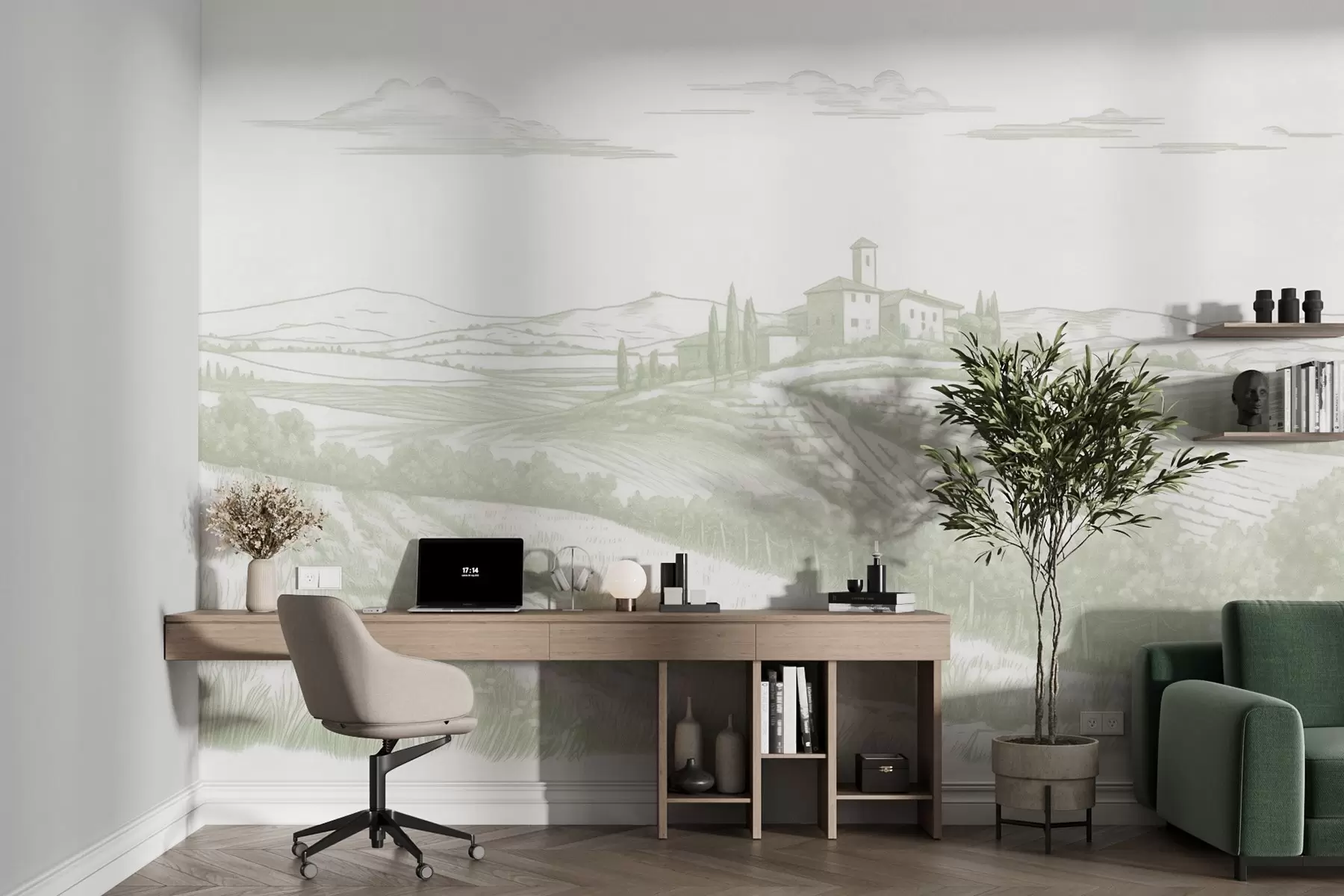 murales de pared Paisajes de la Toscana, Italia, viñedos, naturaleza, castillo antiguo, colores verdes w03349v2