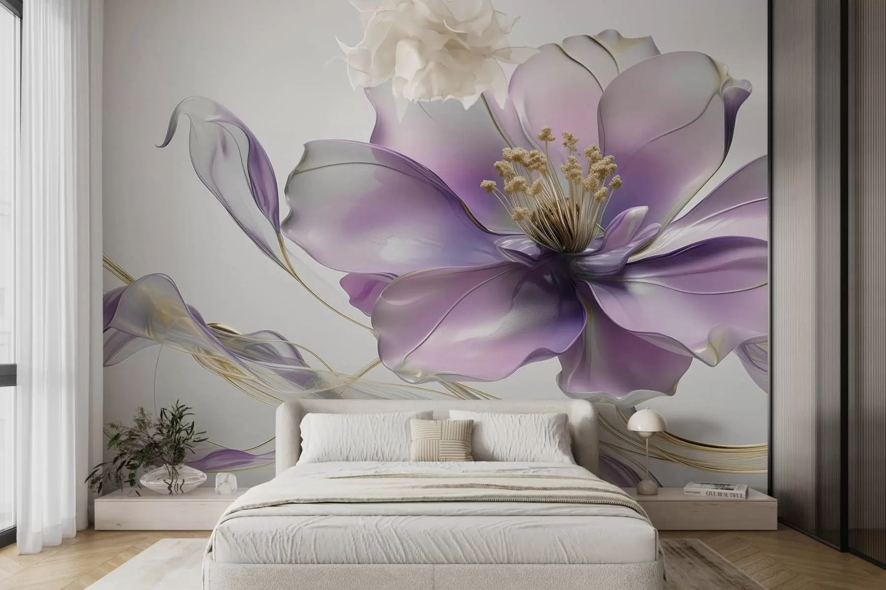 murales de pared Gran flor abstracta en la pared en tono lila w08902v1