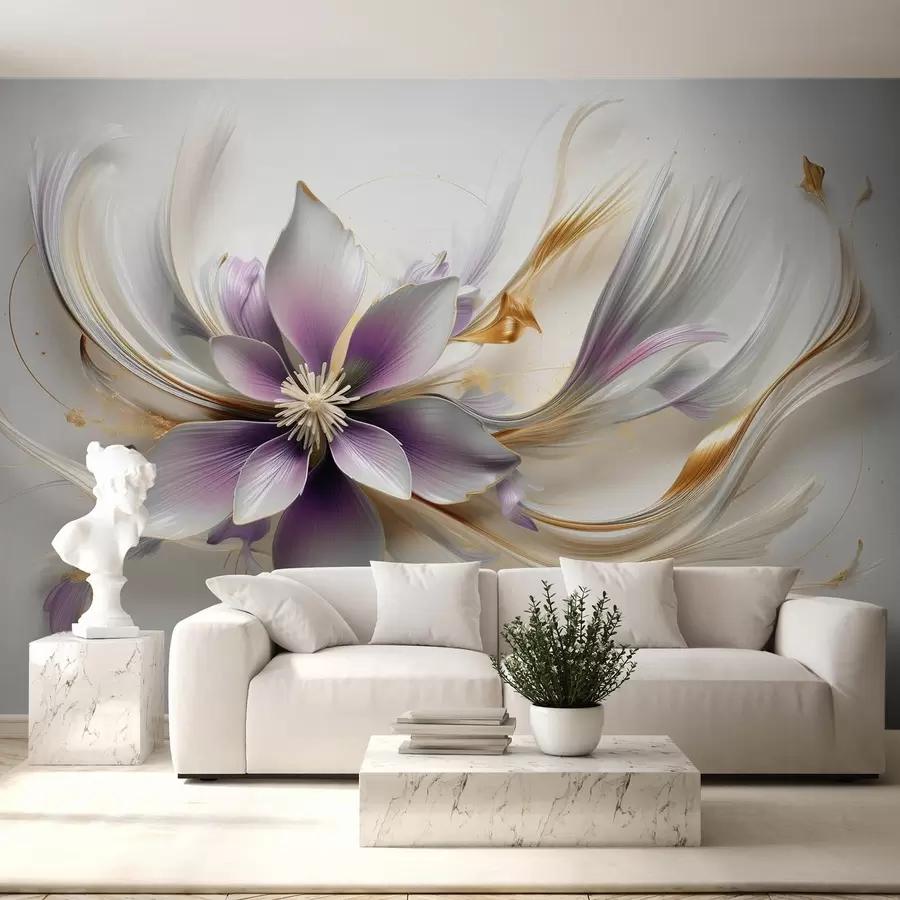 murales de pared Gran flor lila delicada con líneas abstractas w08903v1