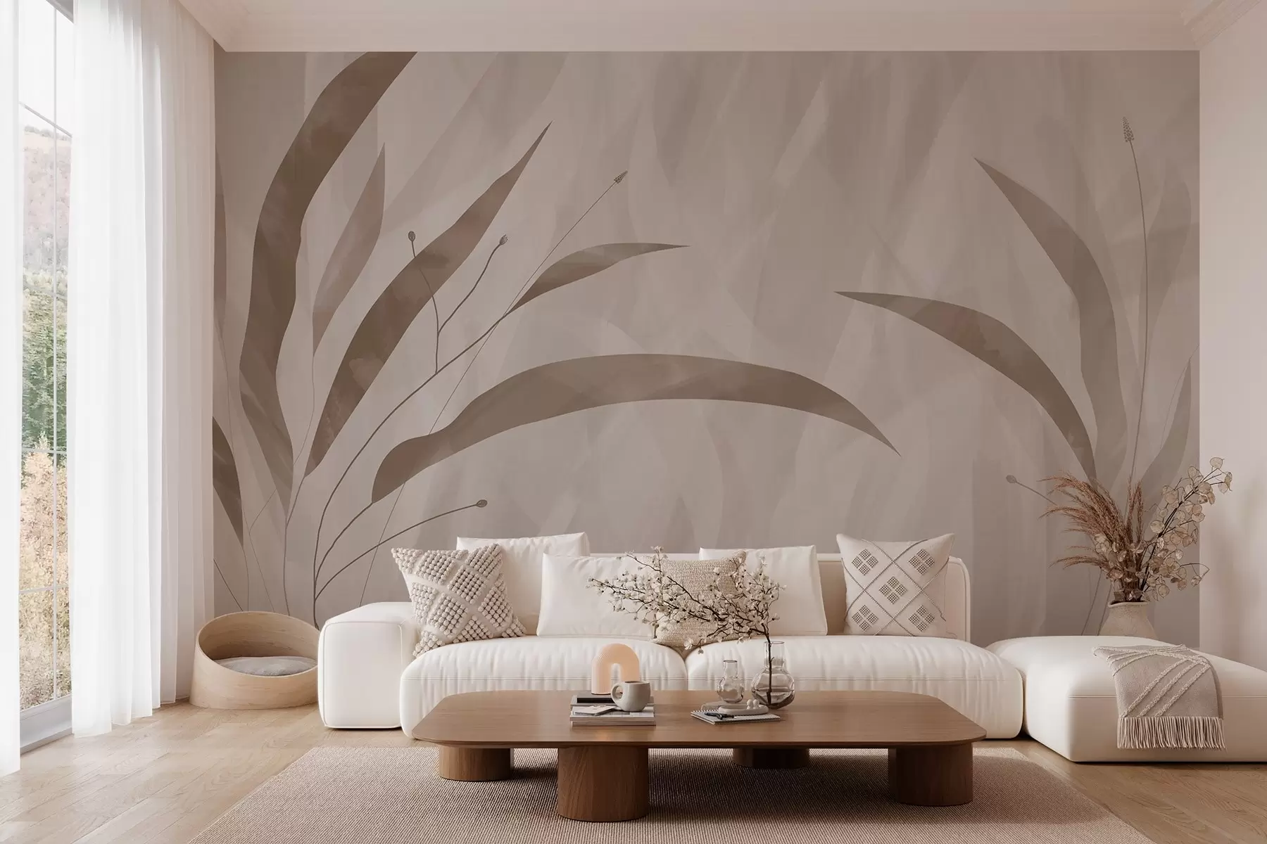 murales de pared Estilo ecológico, plantas sobre un fondo heterogéneo texturizado en tonos beige w03394