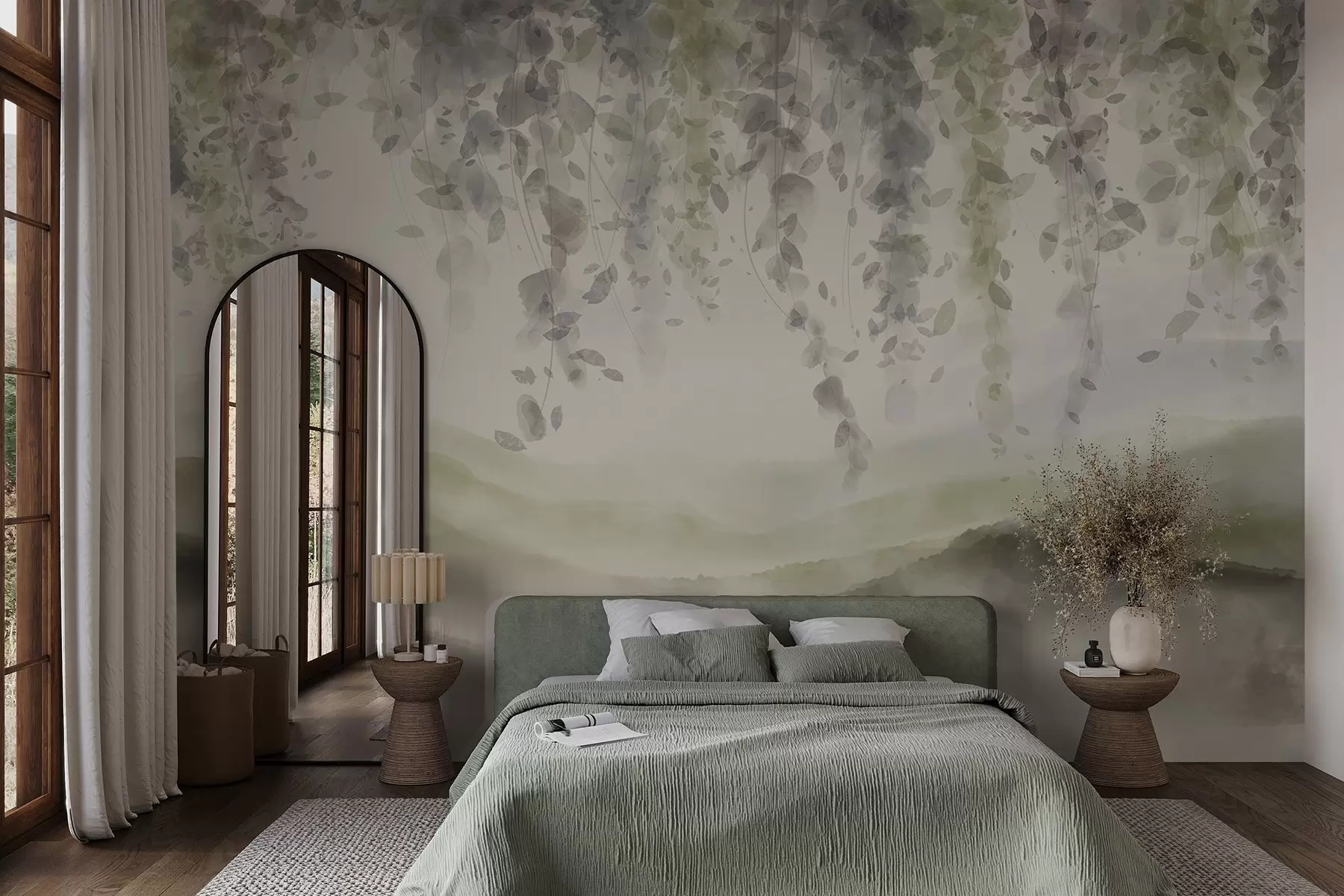 murales de pared Hojas de glicina colgando sobre montañas azuladas, suaves colores pastel verde y beige, paisaje estilo acuarela w08909v2