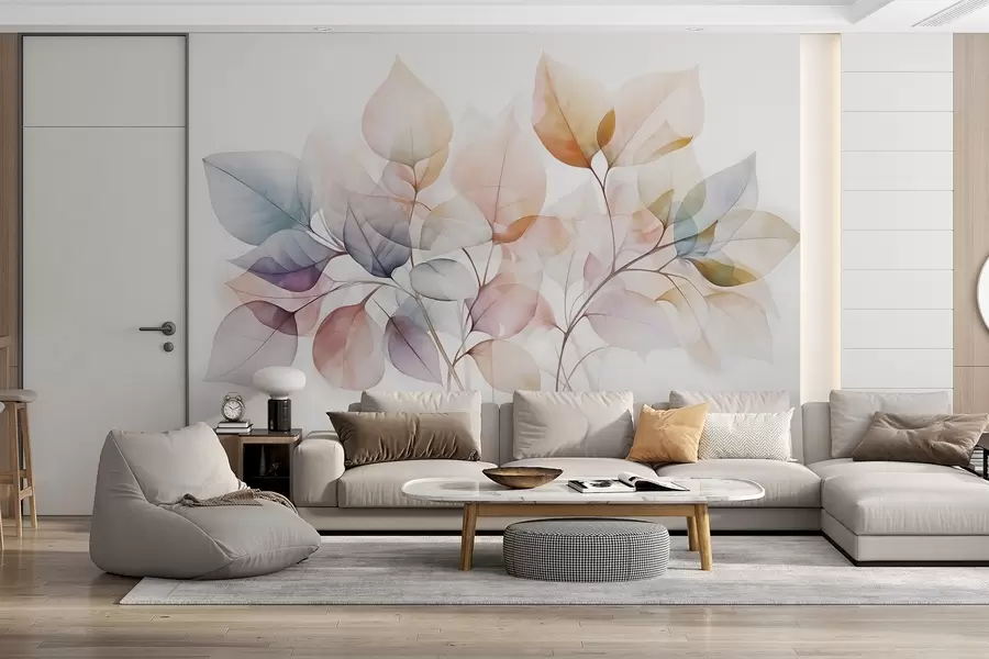 murales de pared Pintura en acuarela de hojas translúcidas en colores pastel, con tonos rosas, blancos, morados y azules w08910