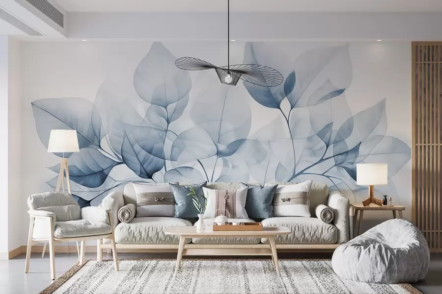 murales de pared Acuarela de hojas translúcidas en colores pastel, con tonos blancos y azules w08910v1