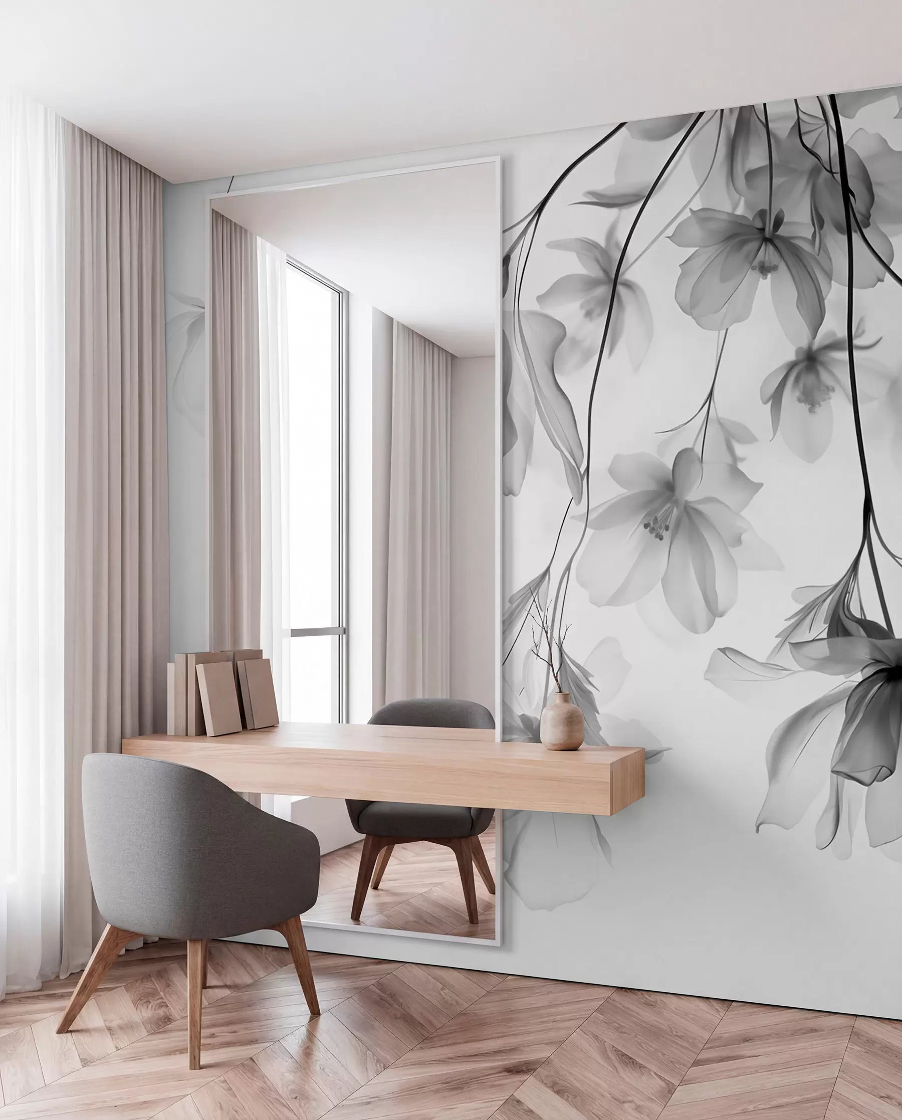 murales de pared Flores negras con pétalos translúcidos colgando de una rama, blanco y negro, composición minimalista de arte moderno w08911