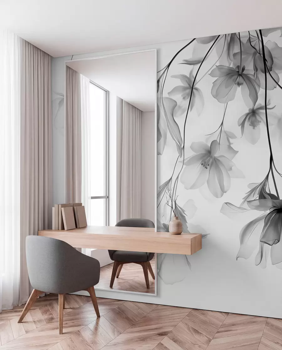 murales de pared Flores negras con pétalos translúcidos colgando de una rama, blanco y negro, composición minimalista de arte moderno w08911