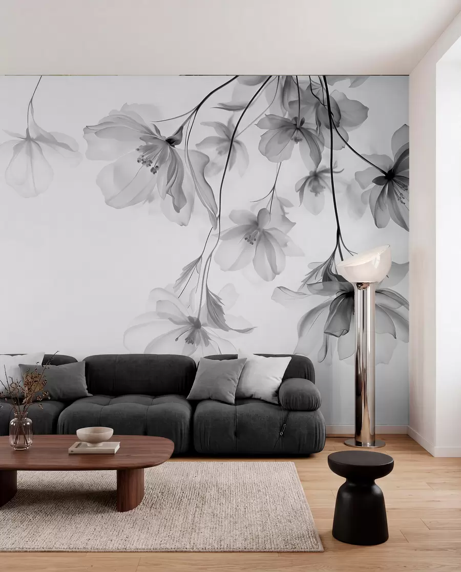 murales de pared Flores negras con pétalos translúcidos colgando de una rama, blanco y negro, composición minimalista de arte moderno w08911