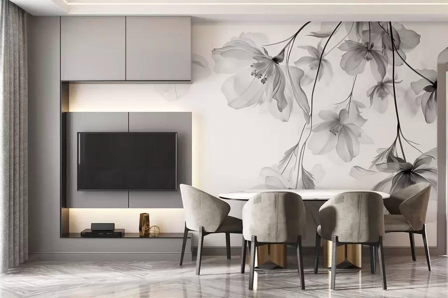 murales de pared Flores negras con pétalos translúcidos colgando de una rama, blanco y negro, composición minimalista de arte moderno w08911