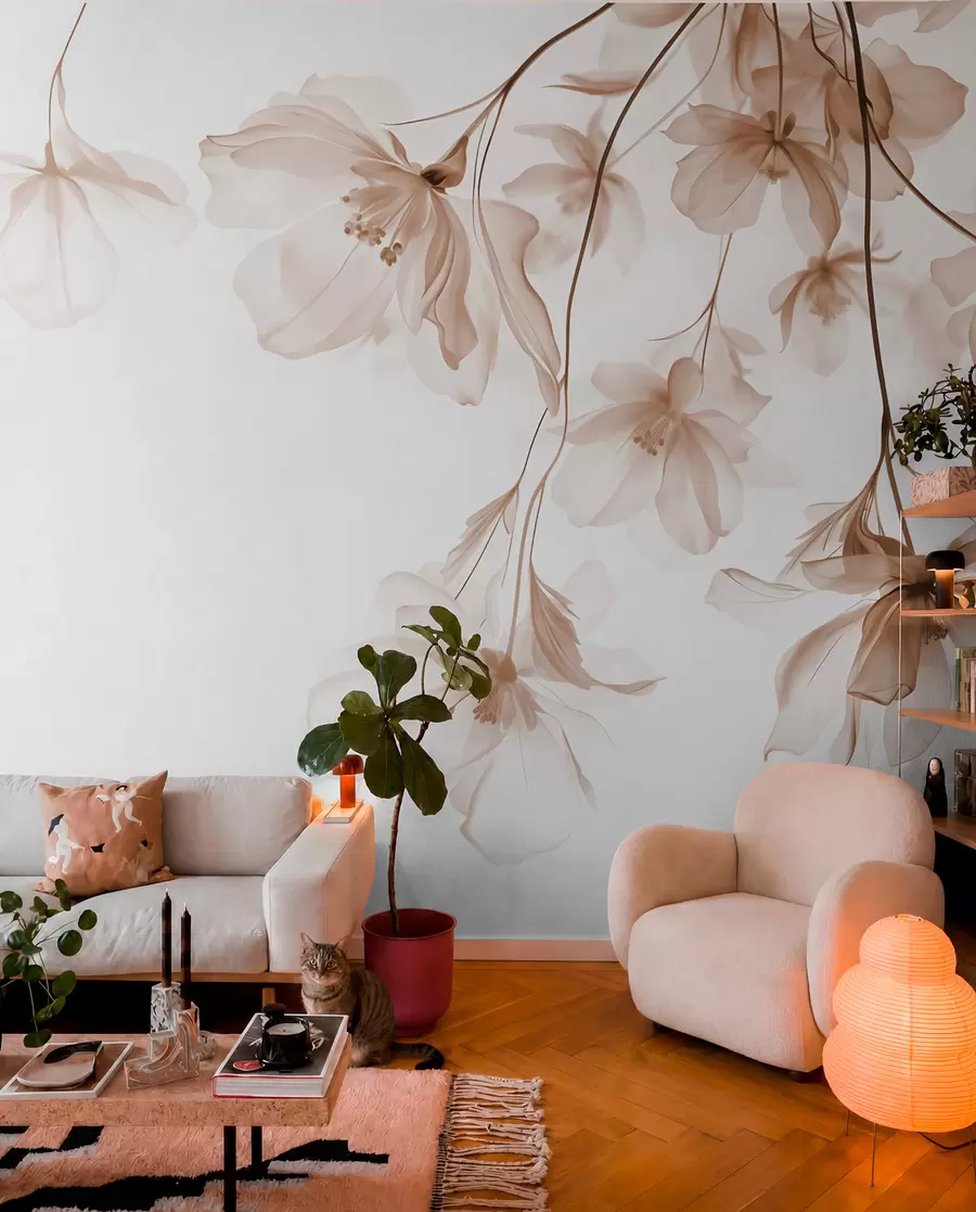 murales de pared Flores beige con pétalos translúcidos colgando de una rama, beige y blanco, composición minimalista de arte moderno w08911v1