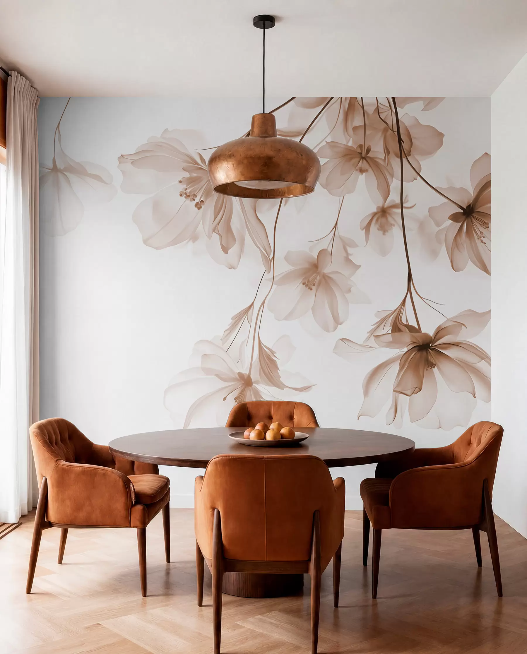 murales de pared Flores beige con pétalos translúcidos colgando de una rama, beige y blanco, composición minimalista de arte moderno w08911v1