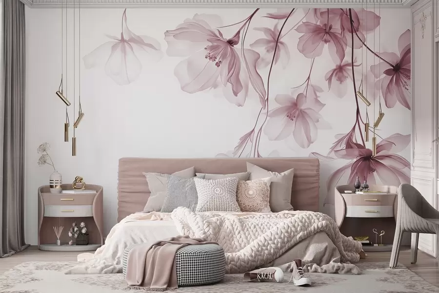 murales de pared Flores rosas con pétalos translúcidos colgando de una rama, rosa y blanco, composición minimalista de arte moderno w08911v2