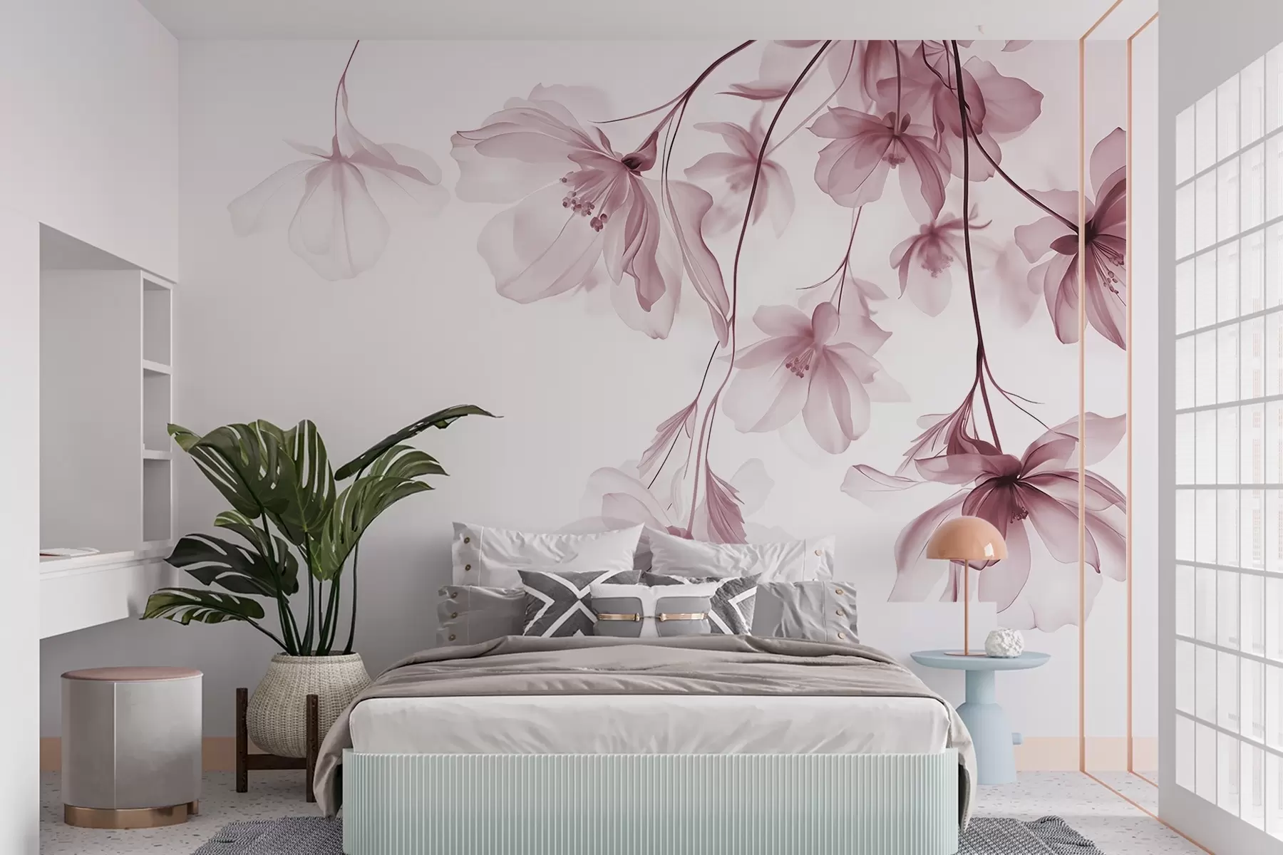 murales de pared Flores rosas con pétalos translúcidos colgando de una rama, rosa y blanco, composición minimalista de arte moderno w08911v2