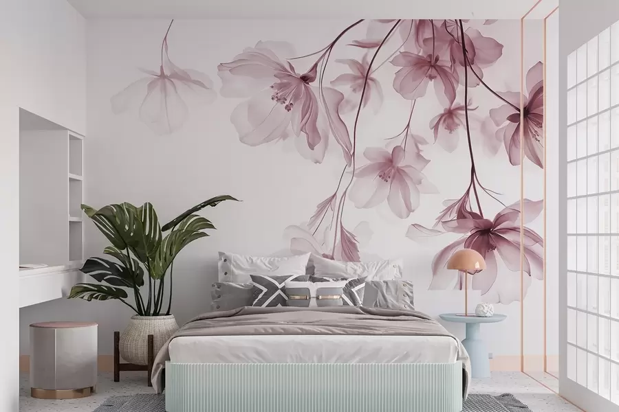 murales de pared Flores rosas con pétalos translúcidos colgando de una rama, rosa y blanco, composición minimalista de arte moderno w08911v2