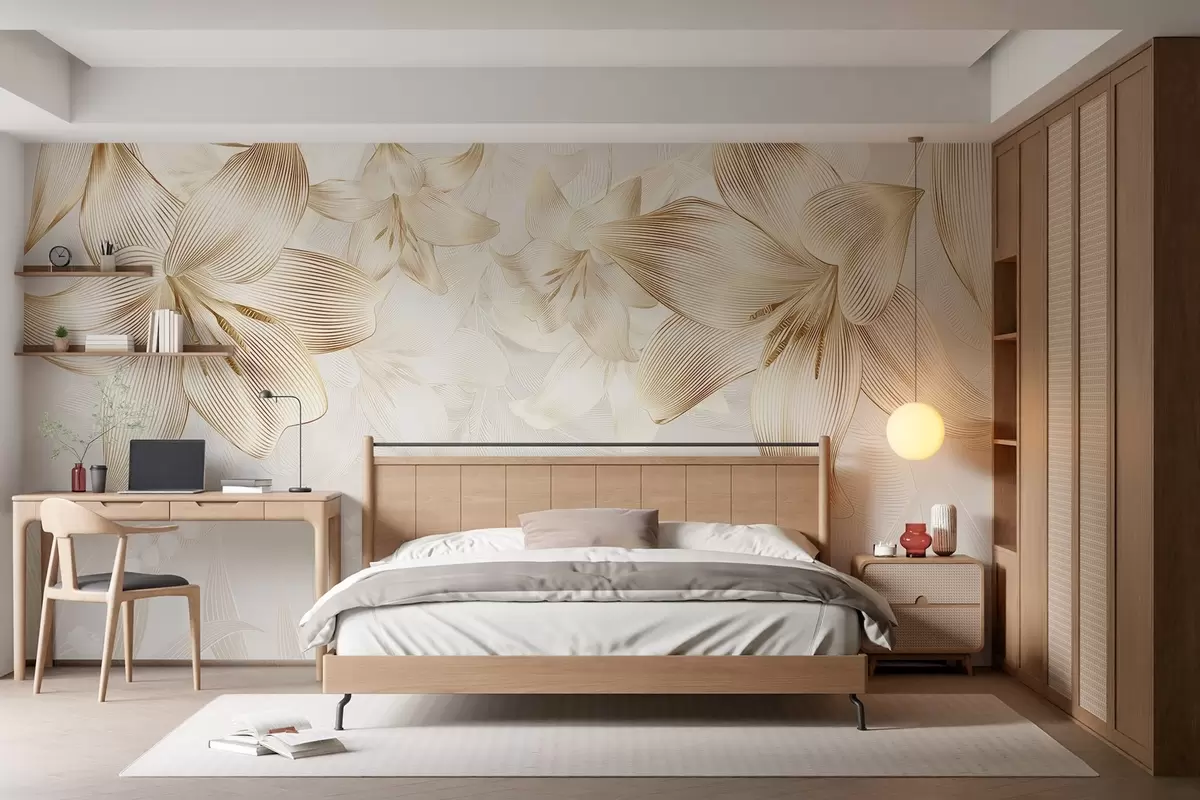 murales de pared Lirios amarillos con intrincados detalles de líneas, elegante arreglo floral, paleta de colores neutros w08912