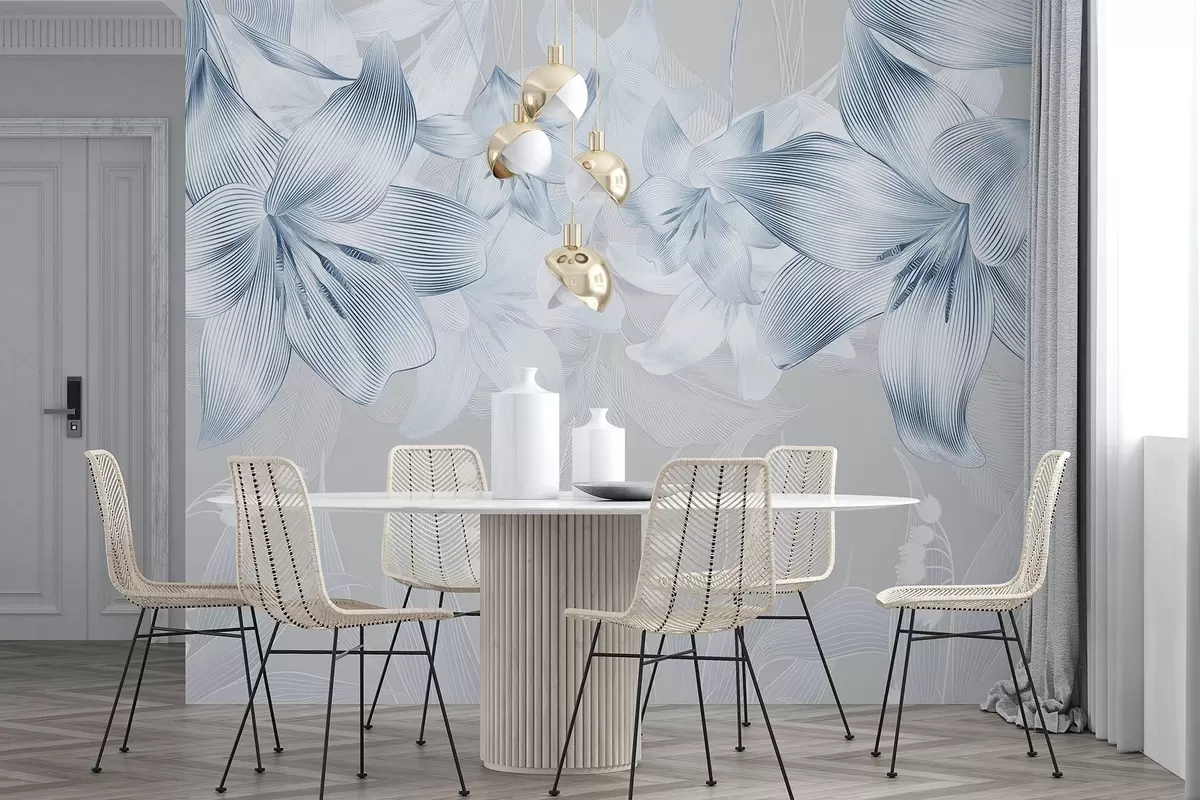 murales de pared Lirios azules con intrincados detalles de líneas, elegante arreglo floral, paleta de colores neutros w08912v1