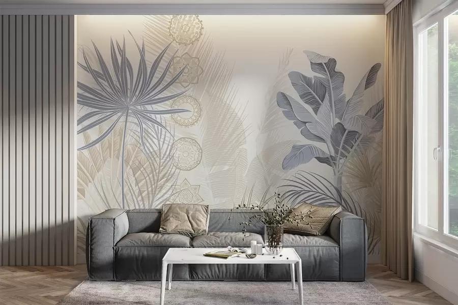 murales de pared Hojas tropicales en tonos azules y beige, hojas de palmera, hojas de plátano y adornos de mandala, fondo claro w08913v2