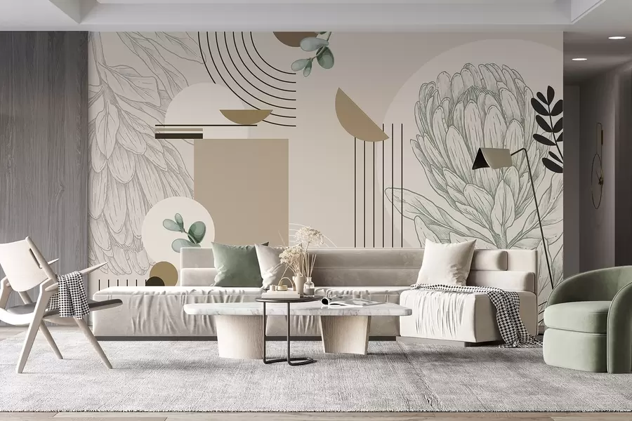 murales de pared Estampado botánico abstracto con flor de protea, hojas de eucalipto, formas geométricas en estilo minimalista, colores pastel w08914