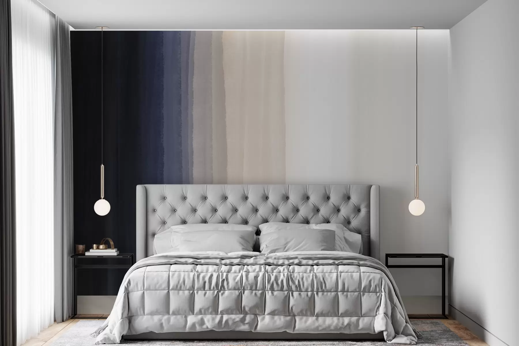 murales de pared Estampado abstracto minimalista degradado con rayas verticales de azul oscuro, melocotón claro y blanco w08915v1