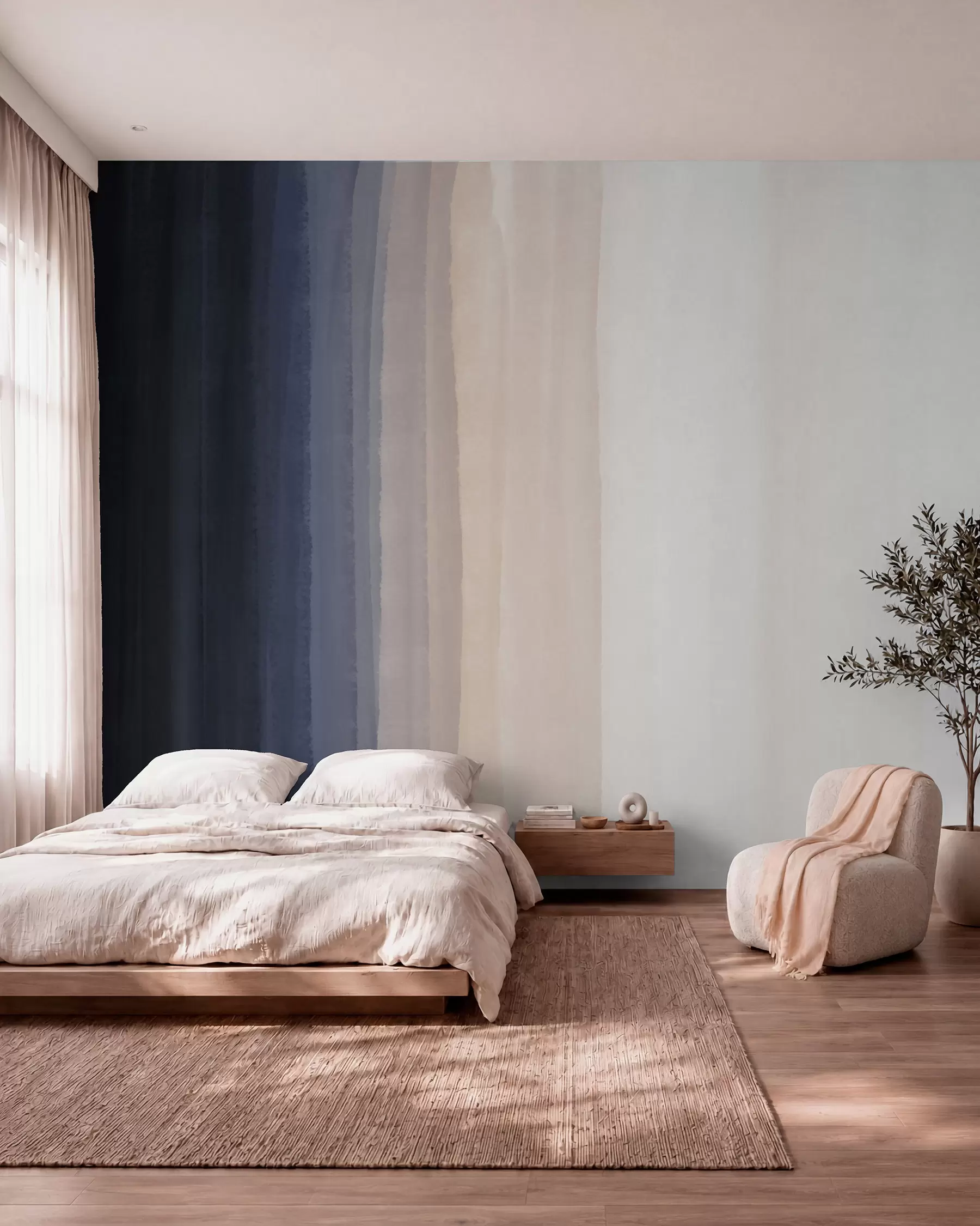 murales de pared Estampado abstracto minimalista degradado con rayas verticales de azul oscuro, melocotón claro y blanco w08915v1