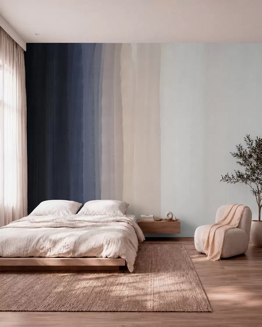 murales de pared Estampado abstracto minimalista degradado con rayas verticales de azul oscuro, melocotón claro y blanco w08915v1