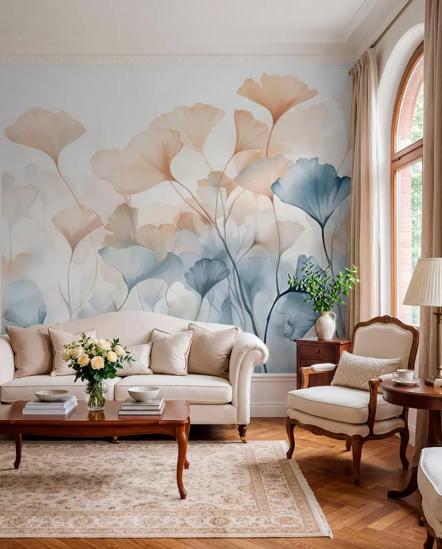 murales de pared Hojas de ginkgo en acuarela azul y naranja, pétalos translúcidos, tallos delicados, paleta de colores suaves w08917