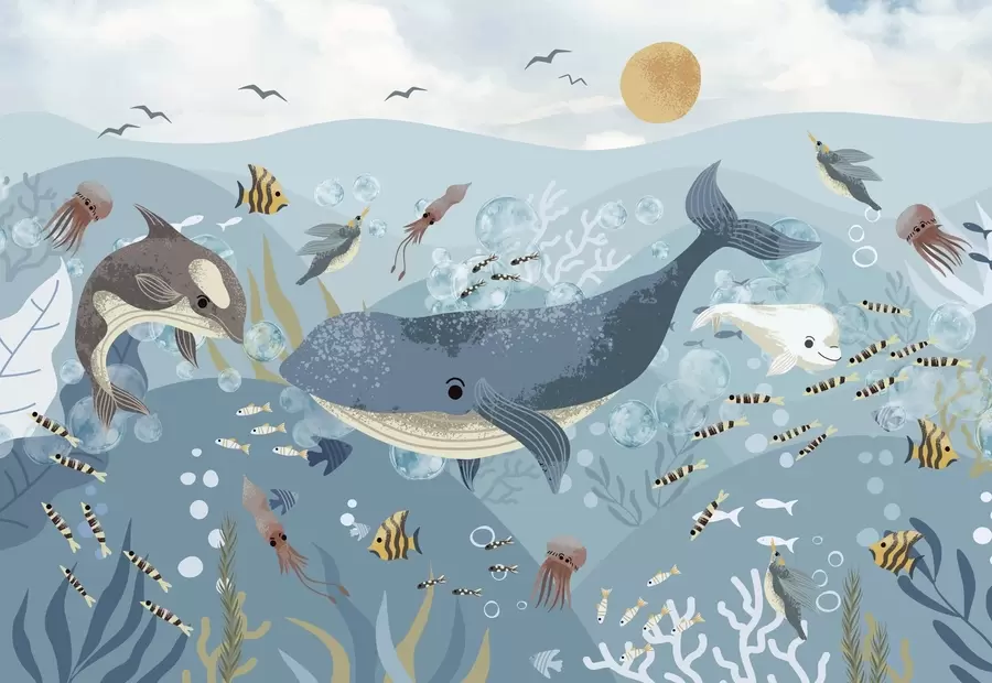 murales de pared Ilustración infantil linda impresión con ballena azul rodeada de peces, calamares, medusas en un océano azul con burbujas w08921