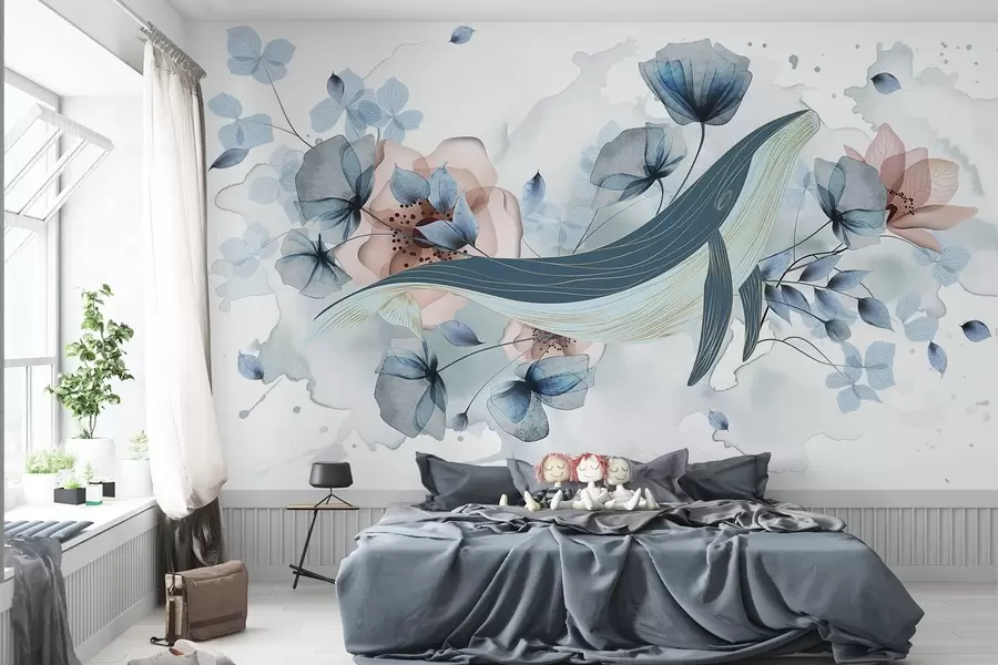 murales de pared Una ballena azul con flores, estilo acuarela, colores azul claro y rosa, fondo claro w08922