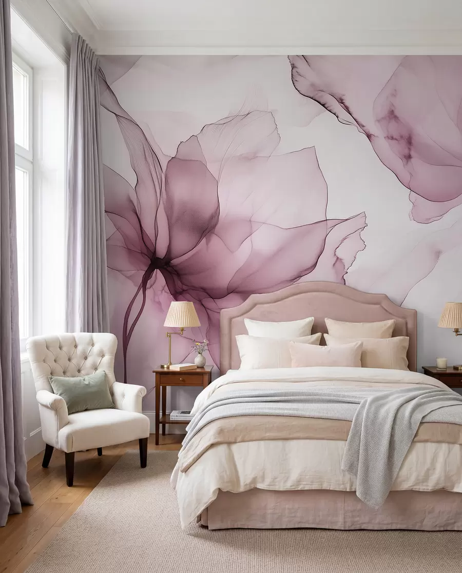 murales de pared Flores de estilo fluido, abstracción floral, acuarela, paleta de colores rosa w03406v1