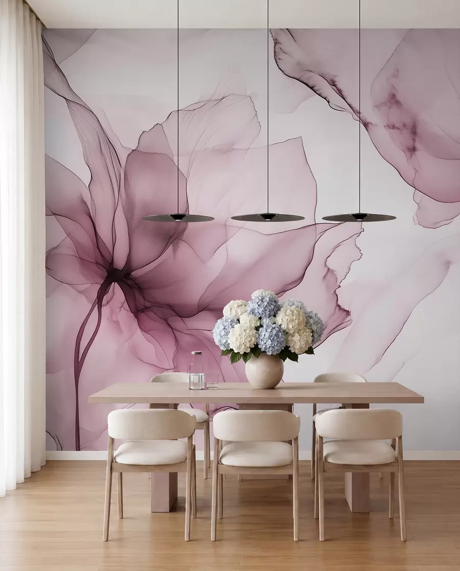 murales de pared Flores de estilo fluido, abstracción floral, acuarela, paleta de colores rosa w03406v1