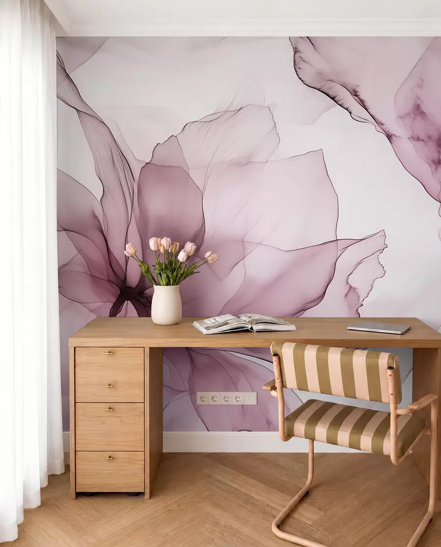 murales de pared Flores de estilo fluido, abstracción floral, acuarela, paleta de colores rosa w03406v1