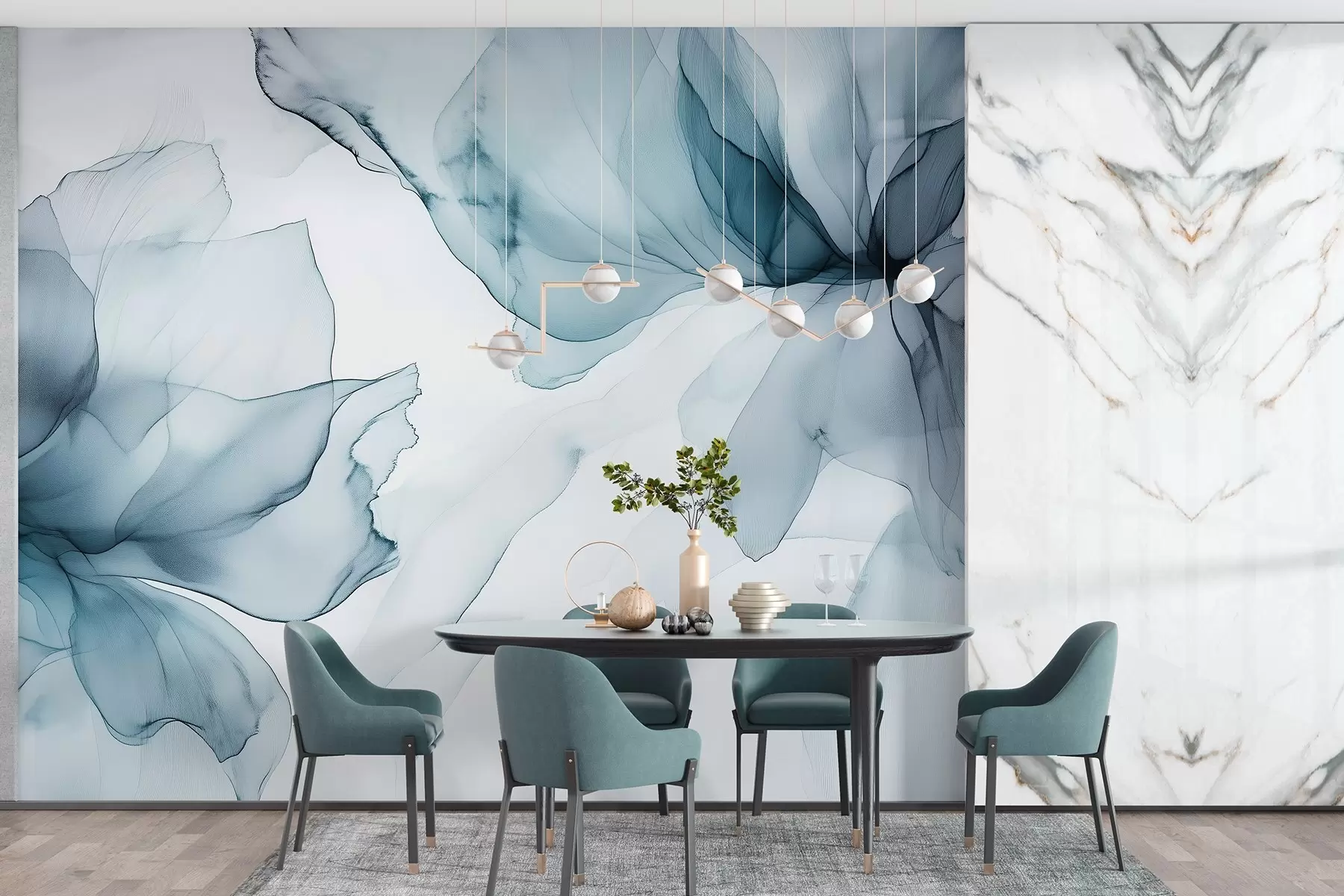 murales de pared Flores de estilo fluido, abstracción floral, acuarela, paleta de colores azules w03406v2