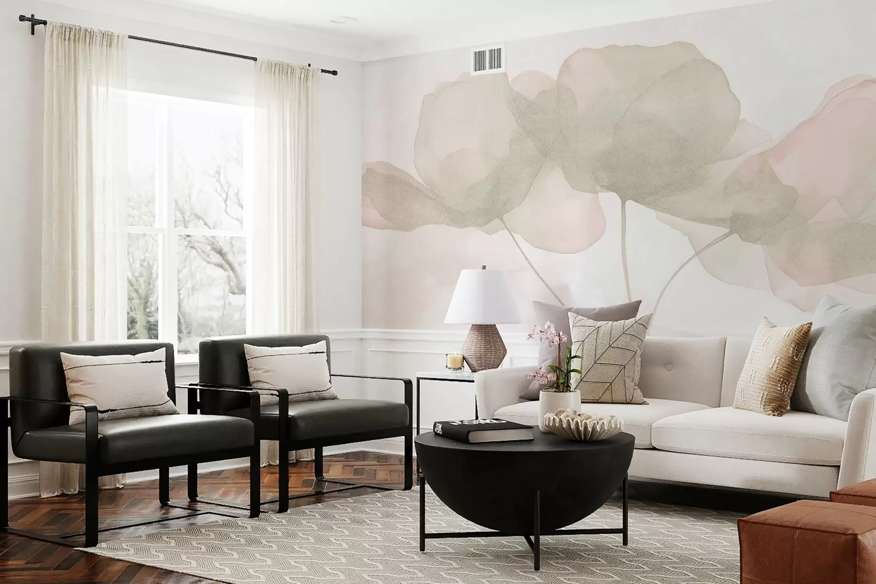 murales de pared Flores bonitas, pastel suave, minimalismo, natural, rústico, beige y rosa w03407v1