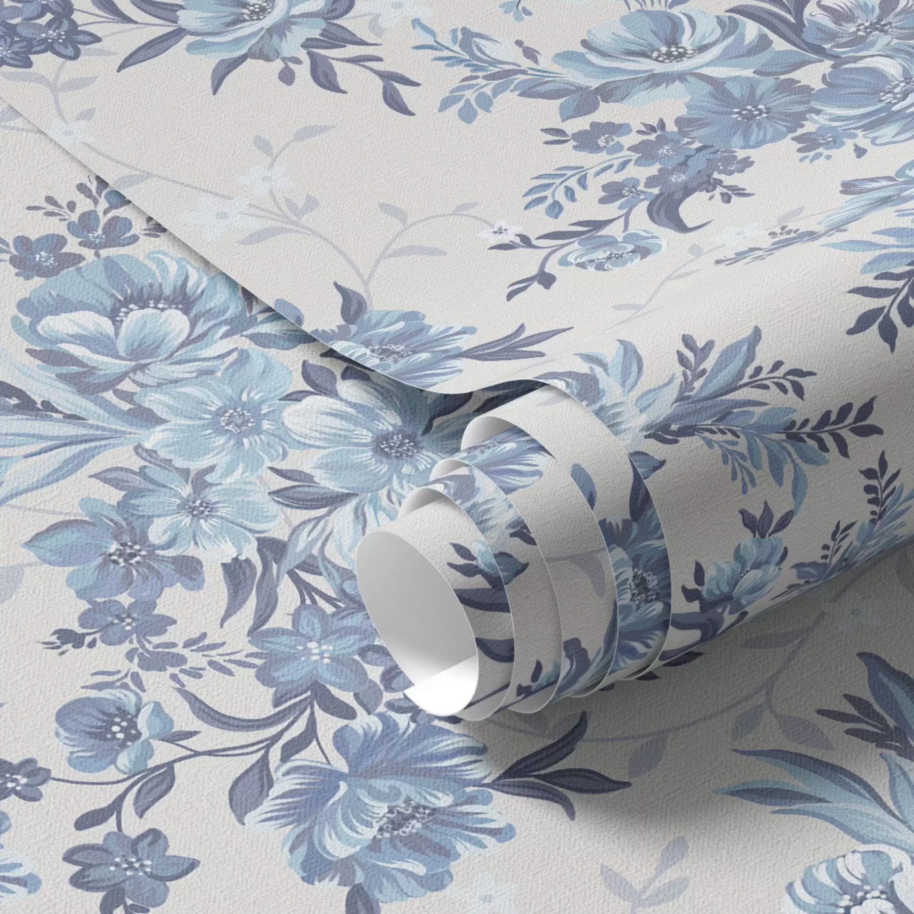 murales de pared Delicadas flores y hojas en colores azul y celeste sobre fondo claro a00027