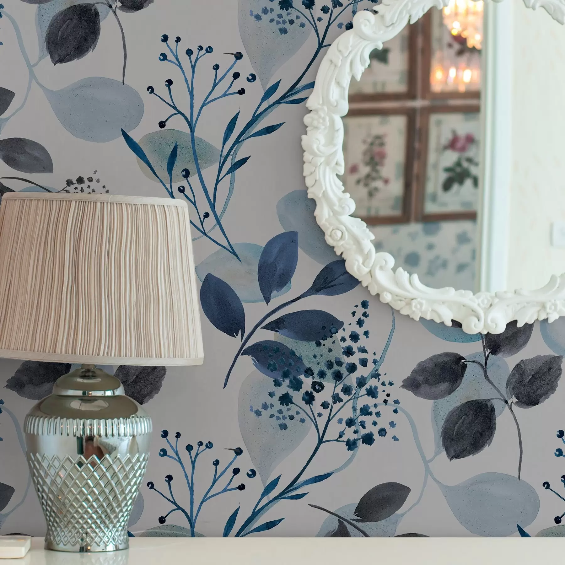 murales de pared Hojas de otoño en estilo acuarela en tonos azules a00048v2