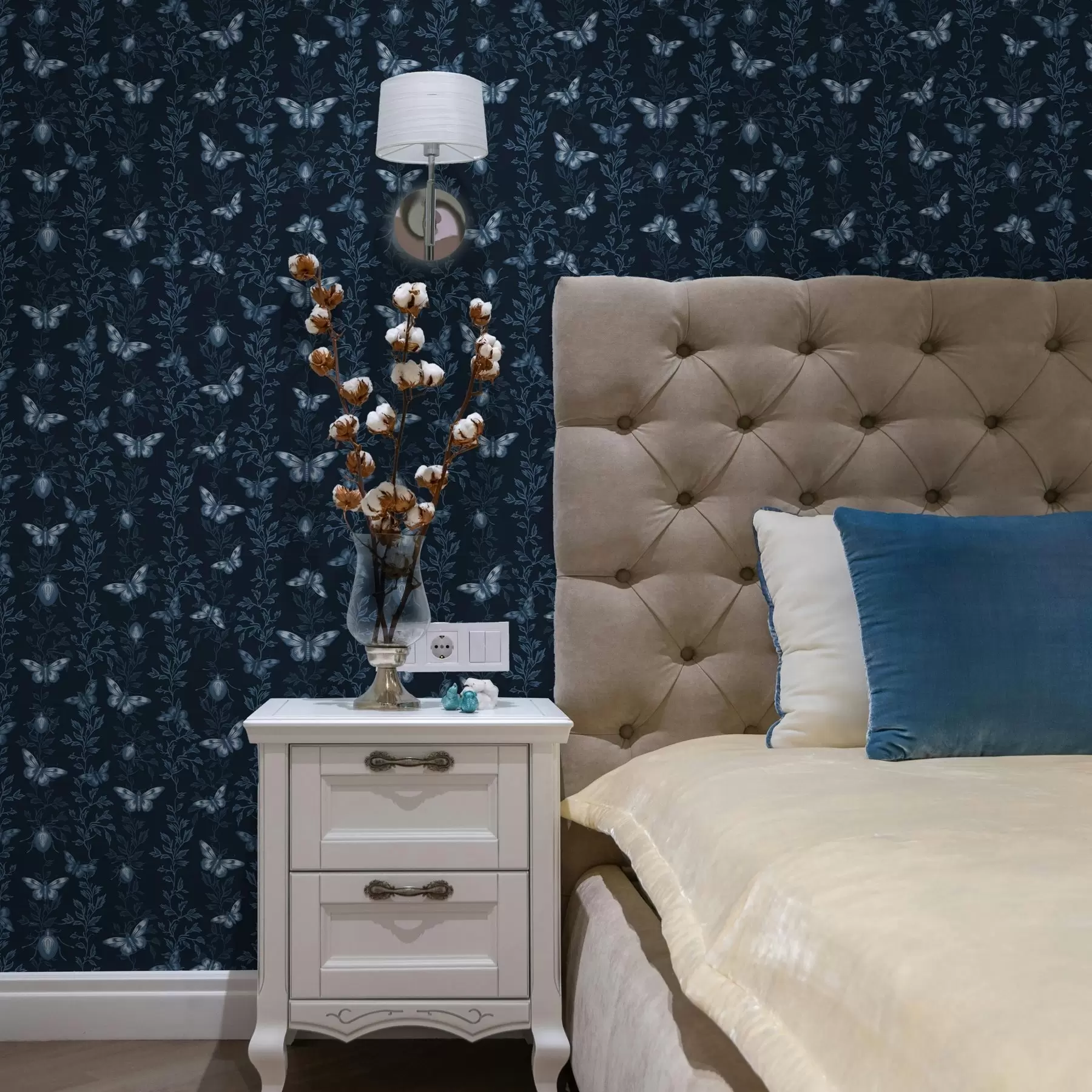 murales de pared Composición con mariposas, hojas e insectos sobre fondo azul a00073