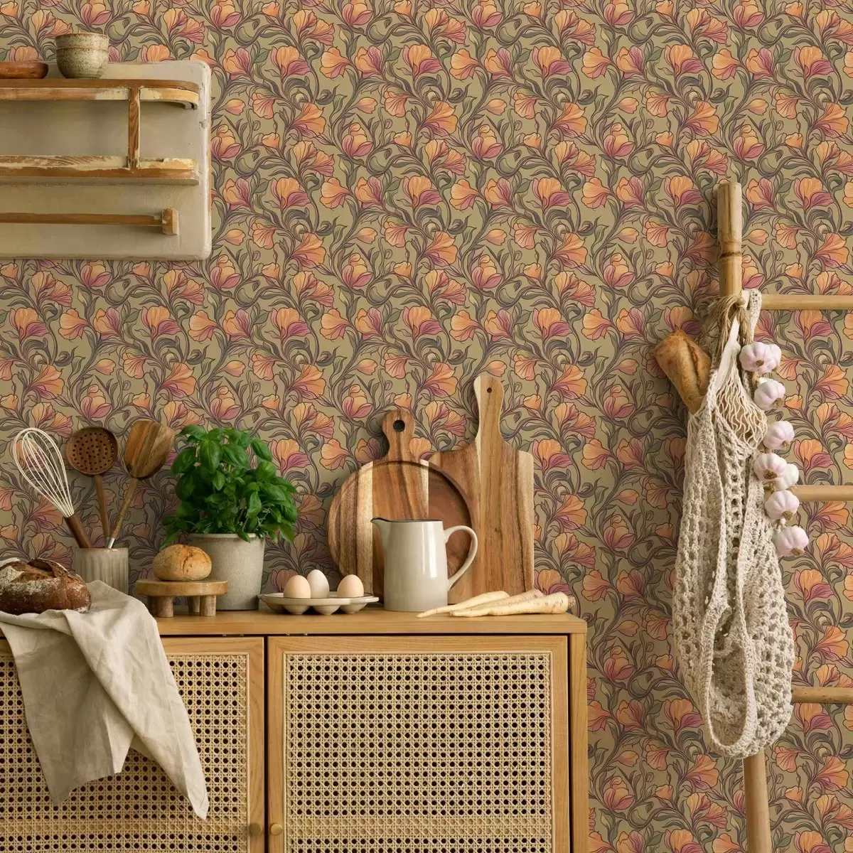 Papel pintado Tallos retorcidos brillantes con hojas y flores a00074