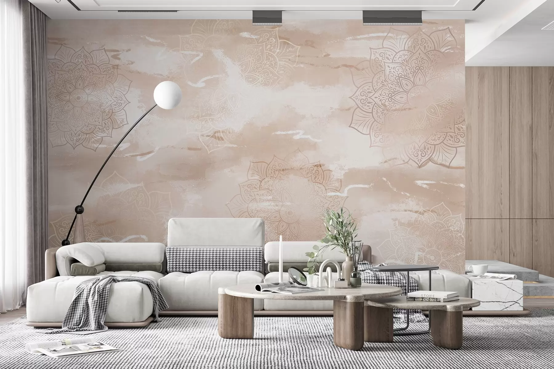 murales de pared Mandalas sobre fondo pastel, pinceladas vivas, colores beige w03409