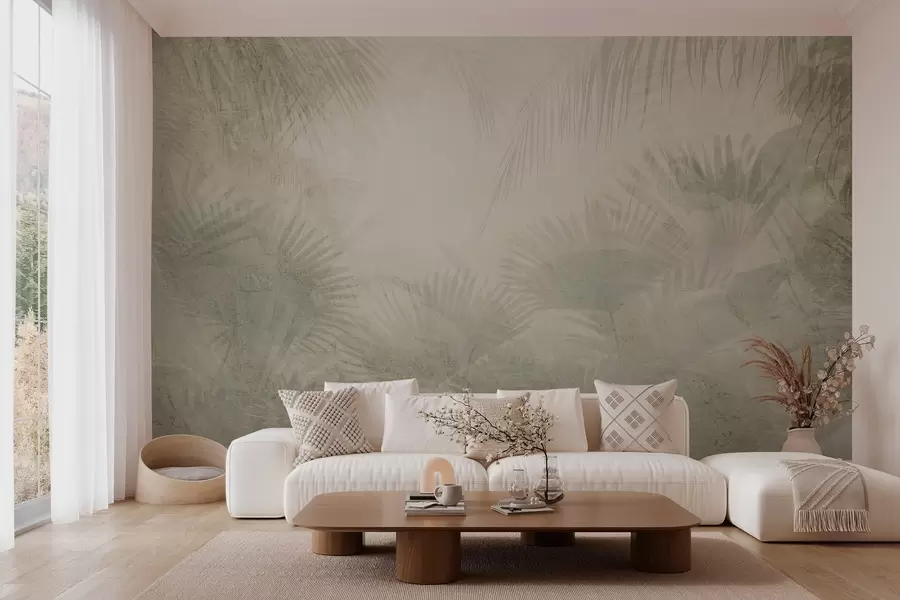 murales de pared Papel pintado retro tropical texturizado en tonos beige w03399