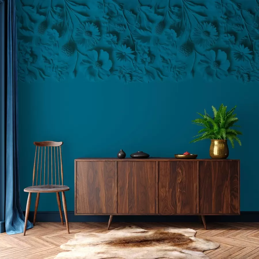 murales de pared Imitación de flores en bajorrelieve en la parte superior de color azul verdoso w03398