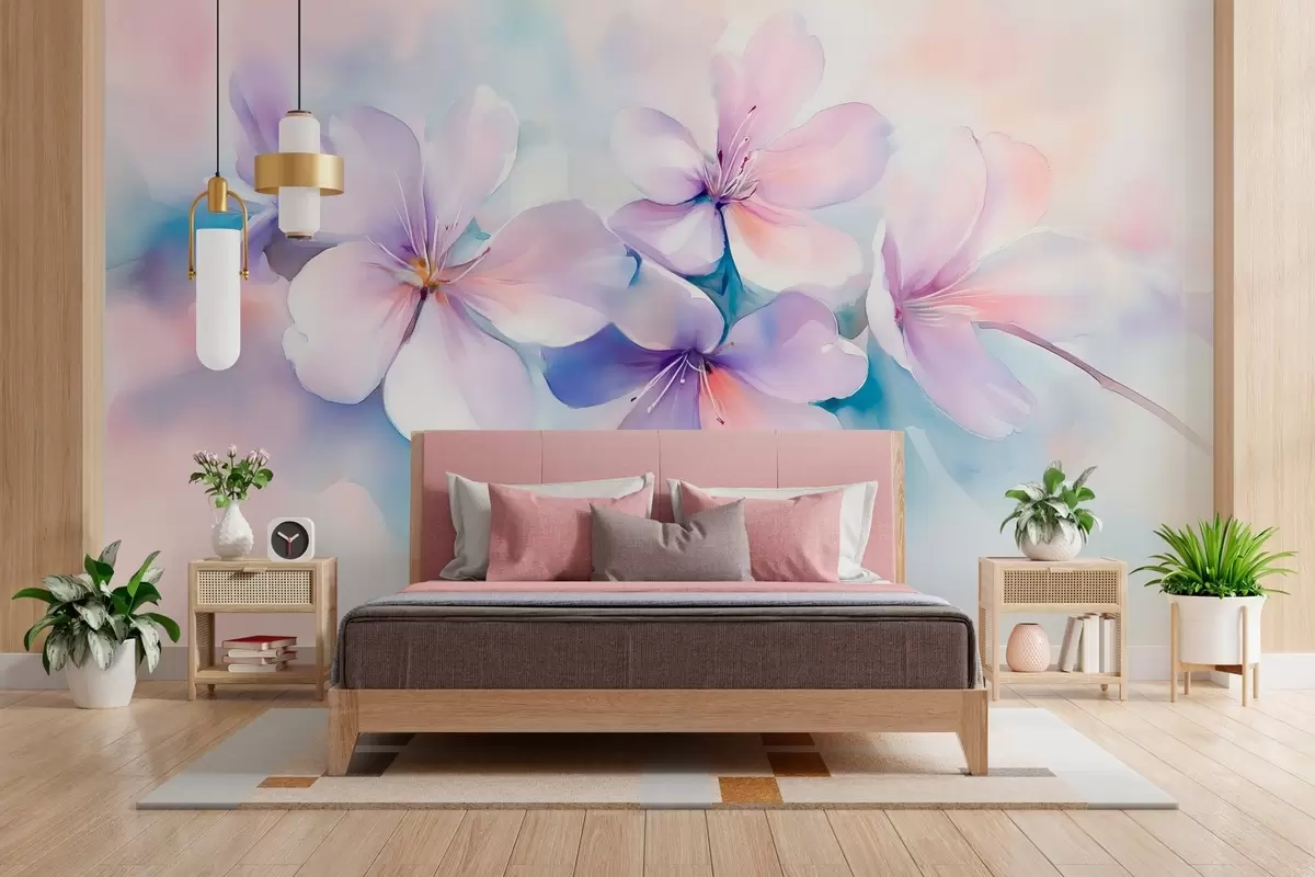 murales de pared Delicada rama con flores en estilo acuarela w03450