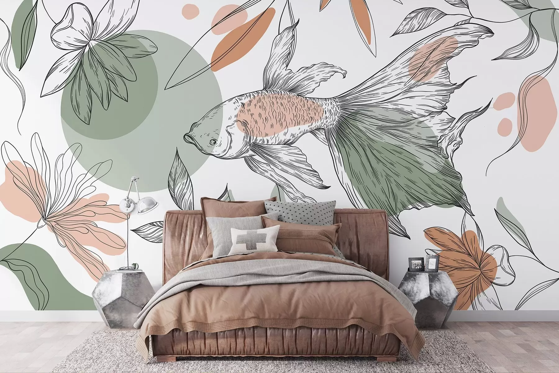 murales de pared Dibujo lineal pez con flores, minimalismo, marino, floral, colores naturales w03448