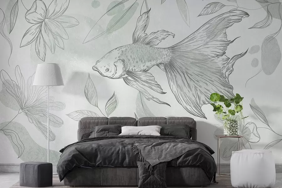 murales de pared Pez con elementos florales, fondo verde, dibujo lineal w03517v1