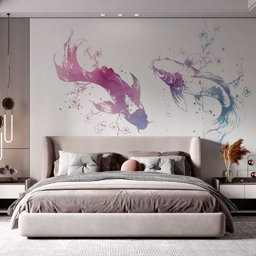 murales de pared Acuarela pez, estilo oriental, cerezo, azul y morado w03447