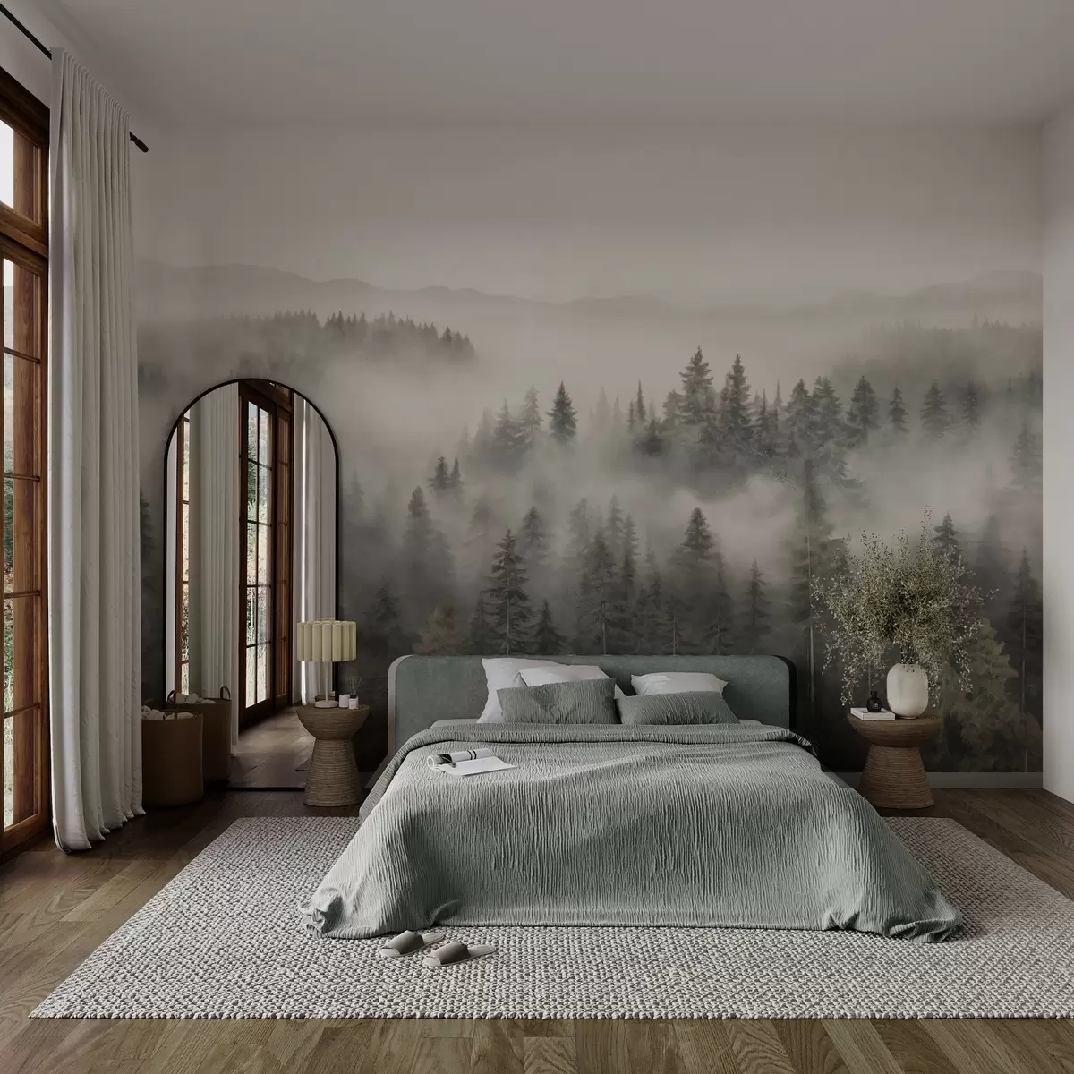 murales de pared Bosque de coníferas brumoso w03524