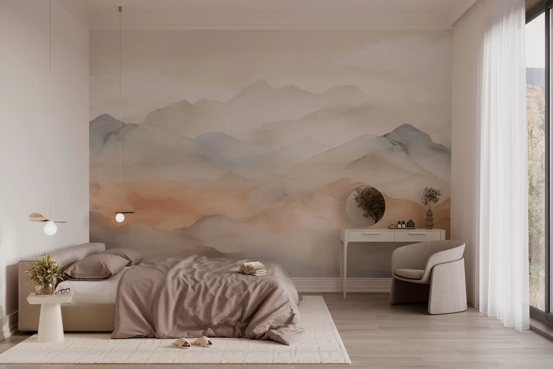 murales de pared Montañas brumosas de colores suaves w03535