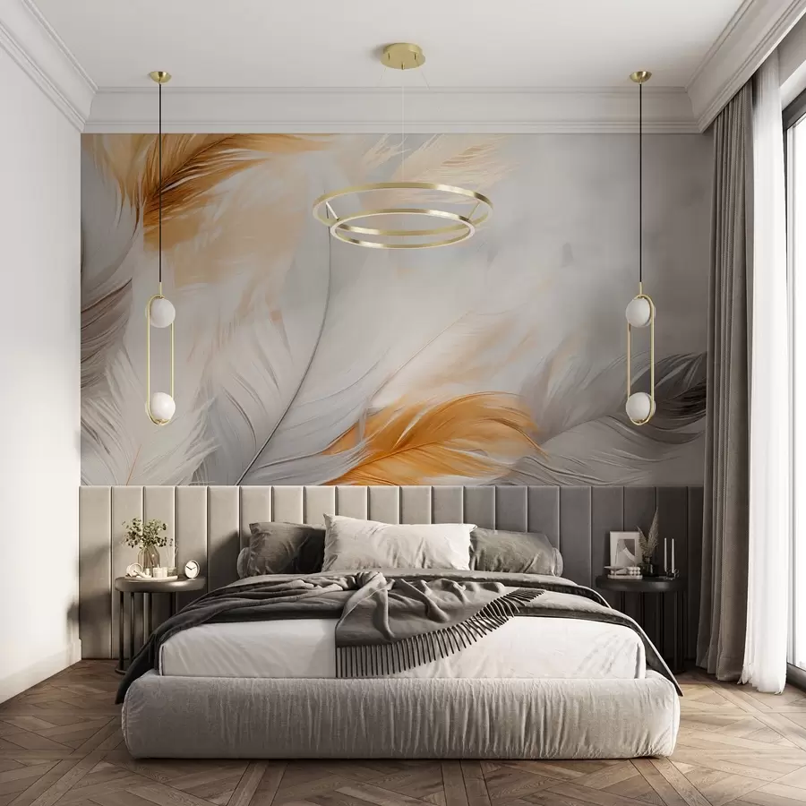 murales de pared Plumas grises y amarillas sobre fondo gris w08937