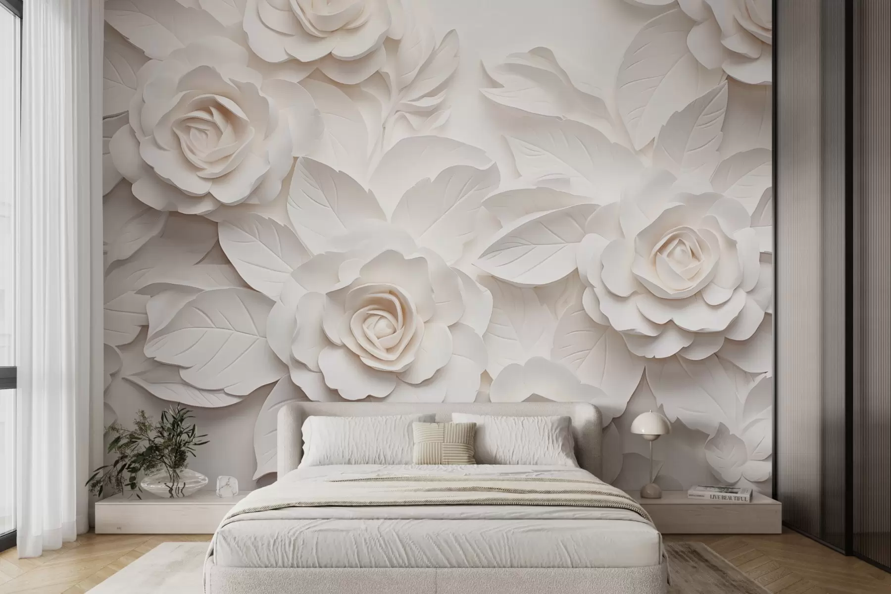 murales de pared Rosas blancas voluminosas w08942